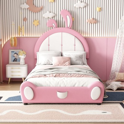 NicBex Twin Upholstered Bed Frame with Headboard,Platform Bed With Bunny Ear Shape Headboard for Girls,No Box Spring Needed,Easy Assembly,Pink+White