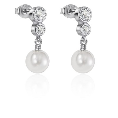 Molenia Pearl Earrings for Women, 925 Sterling Silver Shell Pearl Dangle Drop Earring Small Zircon Dangling Charm Dainty Jewelry