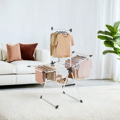 Foldable Laundry Drying Rack, 2-Level Free-Standing Airer, Space-Saving with 1 Additional Tall Hanging Bar Clothes Drying Rack Simply White