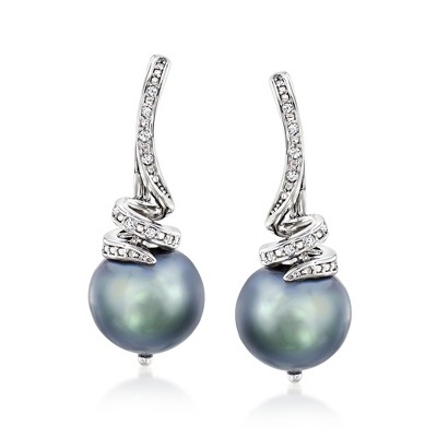 Ross-Simons 10-11mm Black Cultured Pearl and .10 ct. t.w. Diamond Drop Earrings in Sterling Silver
