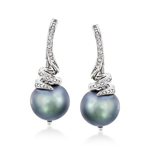 Ross-Simons 10-11mm Black Cultured Pearl and .10 ct. t.w. Diamond Drop Earrings in Sterling Silver - 1 of 4