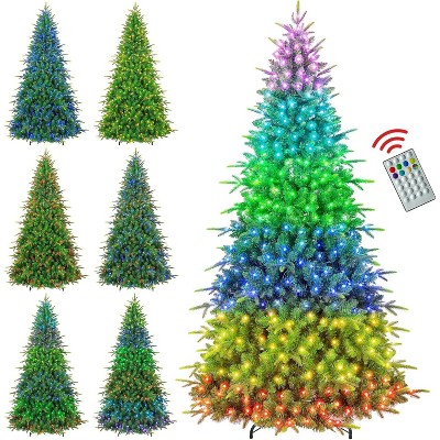 Vivatrees 7.5 Ft Prelit Artificial Christmas Tree, 15 Lighting Modes with Multi Colors, Metal Stand, Hinged Branches, Xmas Tree Decor, Green