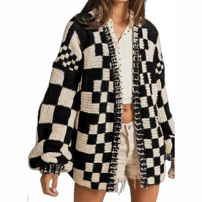 Women's Mixed Check Loose Fit Chunky Cardigan - BiBi