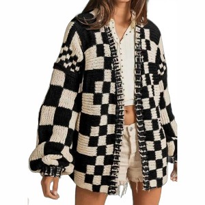 Women's Mixed Check Loose Fit Chunky Cardigan - BiBi - 1 of 2