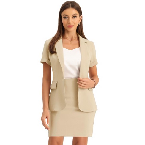 Allegra K Women's Blazer Work Pencil Skirt 2 Piece Outfits Suit Sets Light  Khaki Small : Target