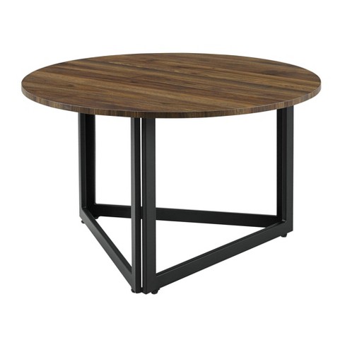 Modern Metal Base Round Coffee Table, Round Walnut Wood Coffee Table