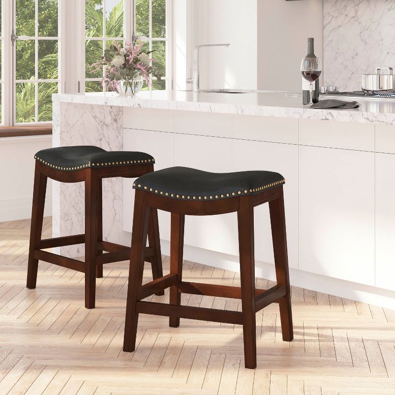 Merrick Lane 26'' Backless Saddle Style Counter Stool Traditional Wood Stool with Nail Accent Trim, 3 of 13