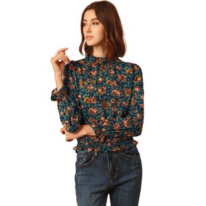INSPIRE CHIC Women's Smocked Waist Ruffled Hem Stand Collar Floral Dots Blouse - 1 of 4