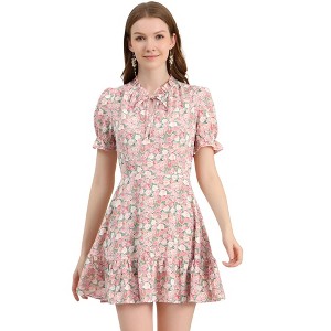 Allegra K Women's Summer Chiffon Ruffle Tie Neck Puff Short Sleeve Floral Dress - 1 of 4