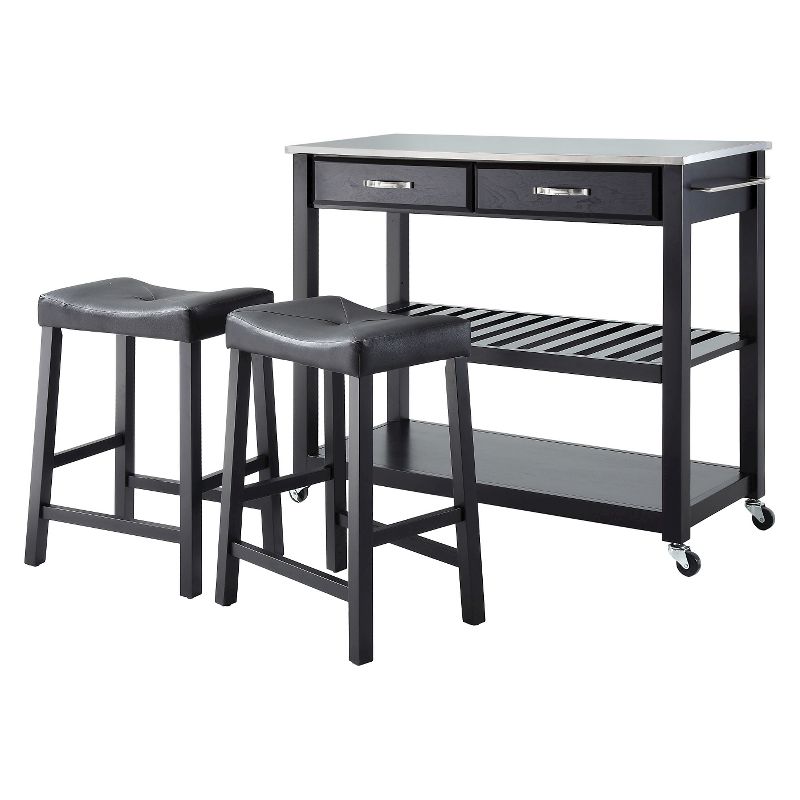 Stainless Steel Top Kitchen Cart/Island - Black with 24&#34; Black Upholstered Saddle Stools - Crosley, 1 of 9