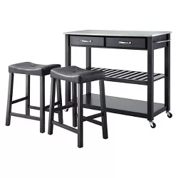 Stainless Steel Top Kitchen Cart/Island - Black with 24" Black Upholstered Saddle Stools - Crosley