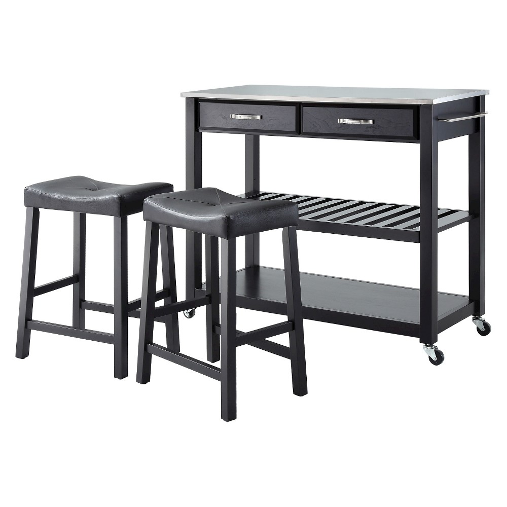 Photos - Other Furniture Crosley Stainless Steel Top Kitchen Cart/Island - Black with 24" Black Upholstered 