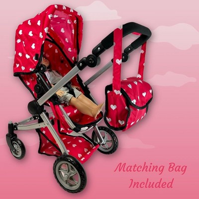 Pink Hearts Convertible Combo Baby Doll Stroller with Storage Basket