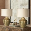 Franklin Iron Works Rustic Farmhouse Table Lamps 27" Tall Set of 2 Antique Brass Hammered Metal Cream Linen Drum Shade for Bedroom House - 2 of 4