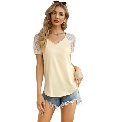 Womens Summer Tops Casual Short Sleeve V Neck T Shirts Loose Mesh Solid Color Patchwork Tunic Blouse Shirts
