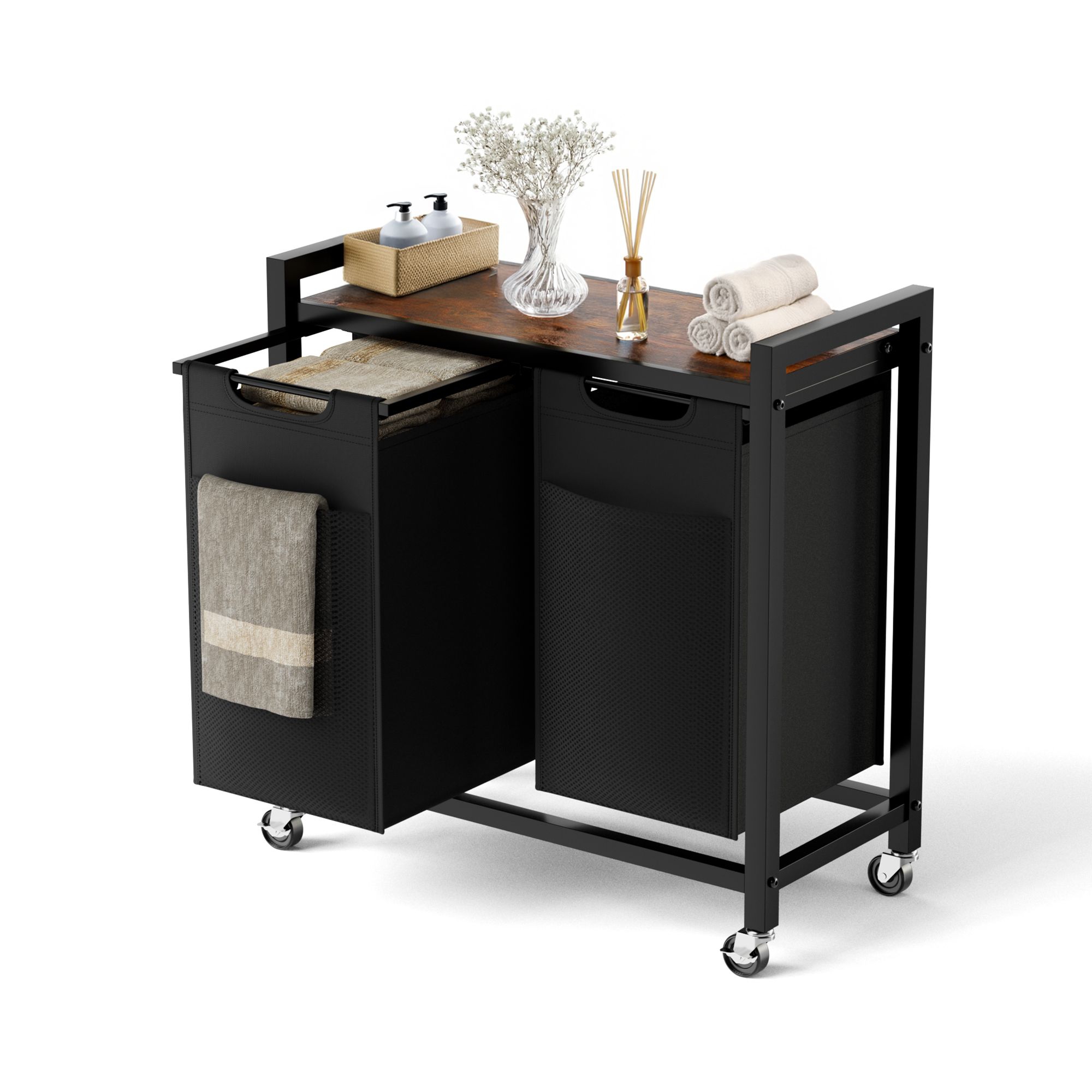 JIONJOY Heavy-Duty 2-Basket Laundry Hamper - Adjustable Mobility System, 11.2Gal Waterproof Bags & Industrial Rust-Proof Frame- 2 Baskets