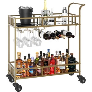 Rolling Bar Cart, 2-Tier with Mirrored Shelves, Wine Rack & Glass Holder, Compact Mobile Bar Cart for Home, Gold Finish - 1 of 3