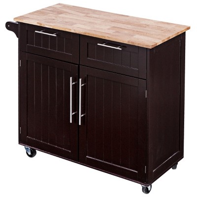 Brown Rubberwood Kitchen Cart with Storage and Casters
