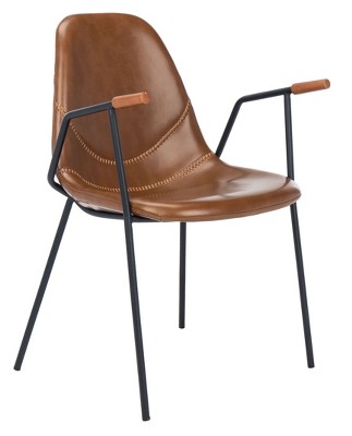Cognac Faux Leather and Black Metal Arm Chairs, Set of 2
