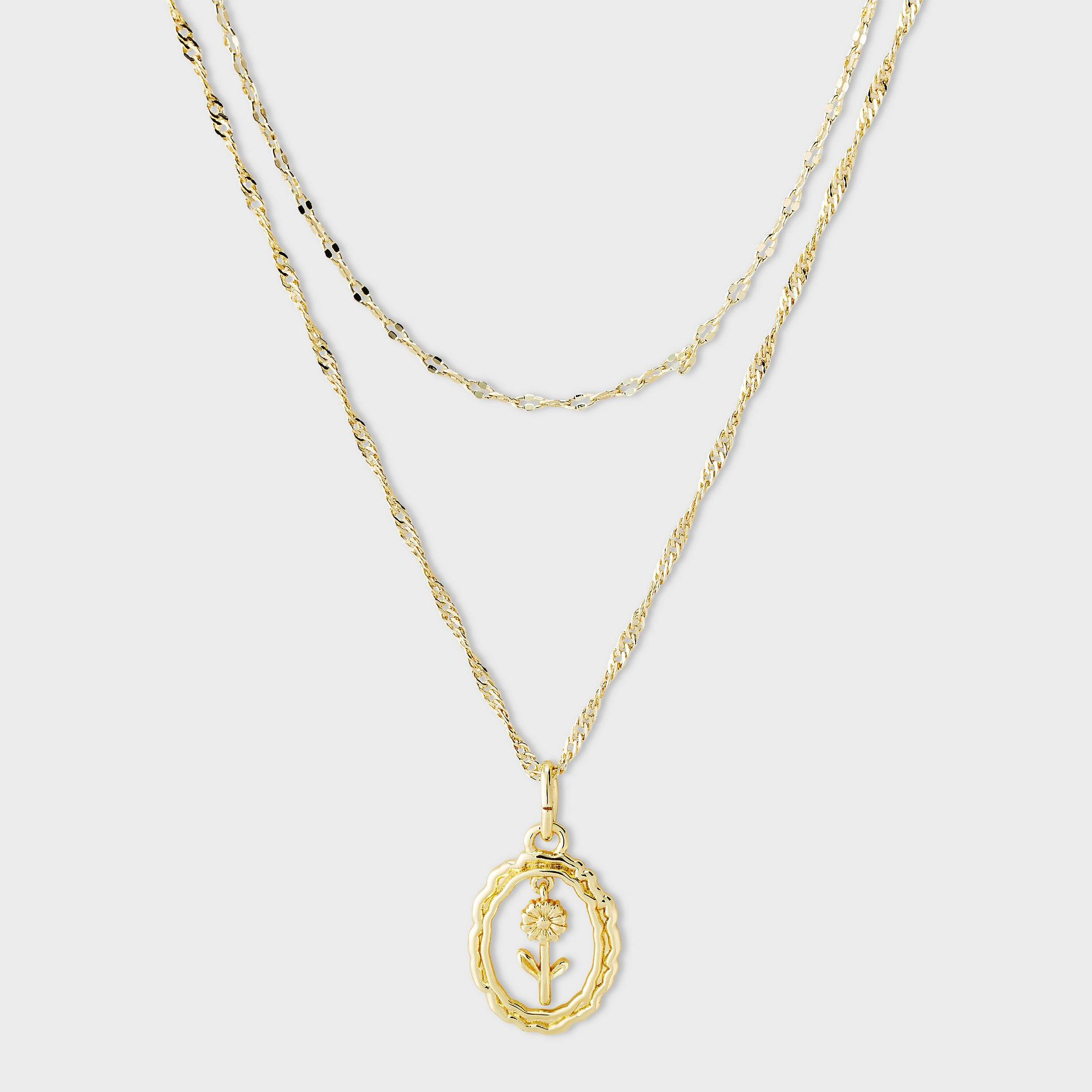 14k Gold Dipped Oval Daisy Layered Pendant Necklace - A New Day™ Gold