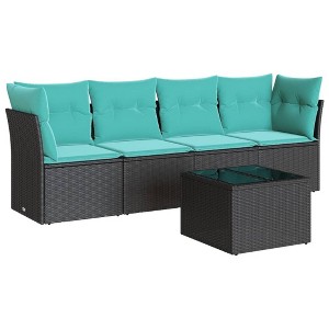 vidaXL 5 Piece Patio Sofa Set with Cushions Black Poly Rattan - Black and Blue With Table - 1 of 4