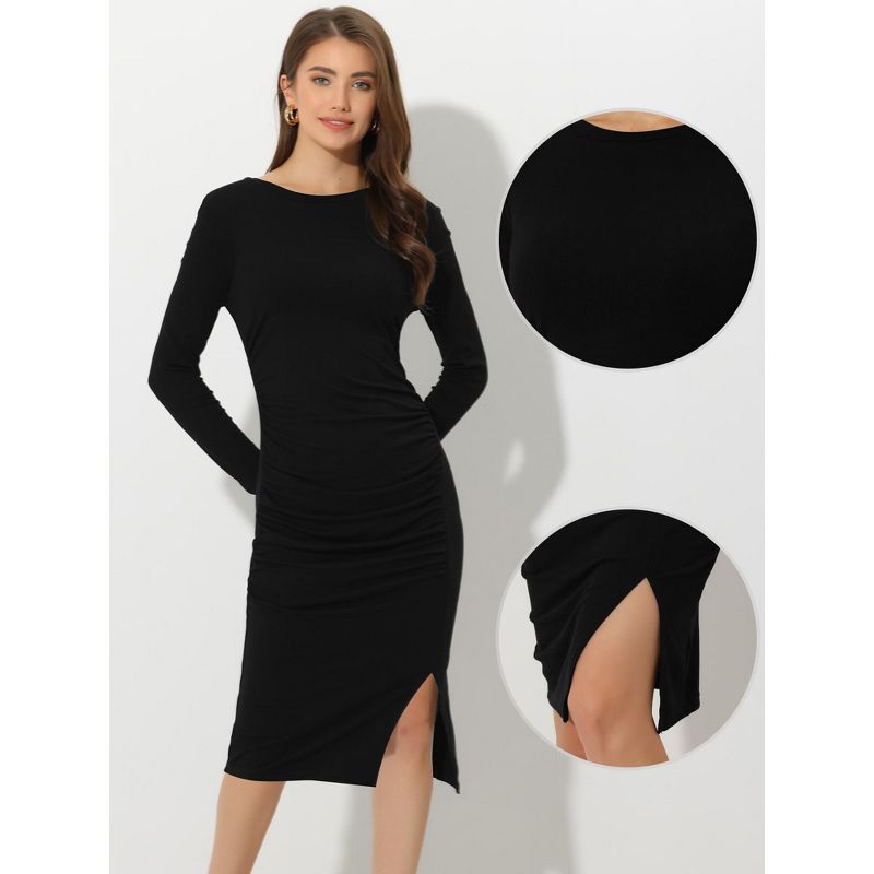 Allegra K Women's Casual Long Sleeve Side Slit Ruched Fitted Midi  Bodycon Dress, 2 of 6