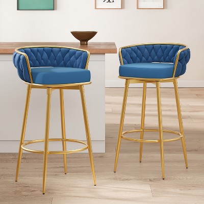 32"H Swivel Counter Bar Stools Set of 2 with Hand-Woven Backrest and Gold Metal Legs, Low Back Upholstered Kitchen Chairs with Footrest-Merax