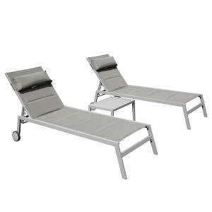 Gulches Set of 3, Aluminum Pool Lounge Chairs with Side Table and Wheels, Textilene Padded Adjustable Recliner All Weather,Gray - 1 of 4