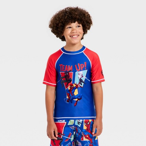 Mattel Boys' Spider-Man Rash Guard Swimsuit Tops - Blue 5-6