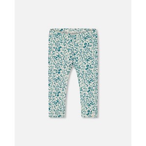 Deux par Deux Girl Printed Organic Cotton Legging Small Turquoise Flowers - 1 of 4