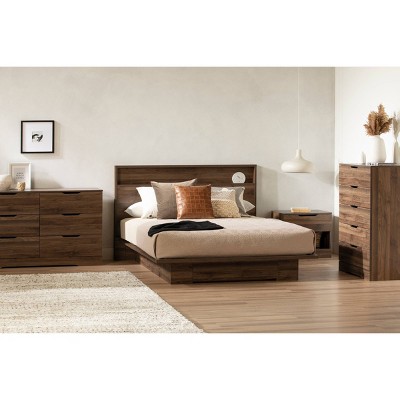 Natural Walnut Queen Platform Bed with Upholstered Headboard and Drawer