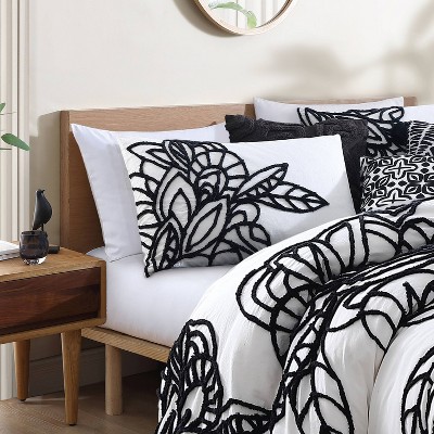 Full/Queen White Cotton Floral Tufted Duvet Set with Shams