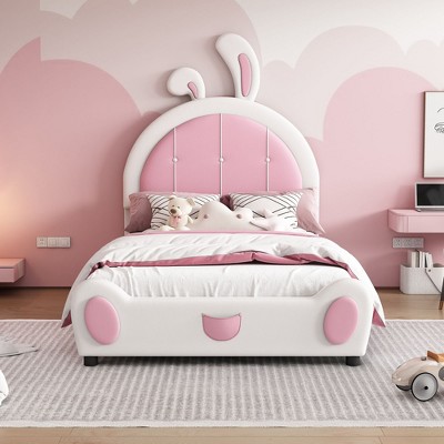 NicBex Twin Upholstered Bed Frame with Headboard,Platform Bed With Bunny Ear Shape Headboard for Girls,No Box Spring Needed,Easy Assembly,White+Pink