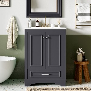 Lyngins 24" Bathroom Vanity with Ceramic Sink, Modern Freestanding Storage Cabinet with  Large Cabinet (3 Adjustable Shelves) + Retractable Drawers - 1 of 4