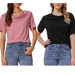 INSPIRE CHIC Women's Cowl Neck Short Sleeve Casual Stretchy Shirts 2 Packs - 1 of 4