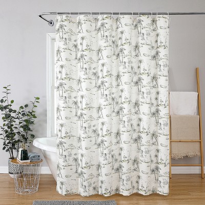 Embroidered Palm Tree 2024 Sheer Shower Curtain with Matching Hooks