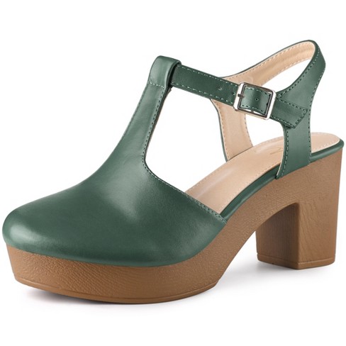 Blissful Step Women s Closed Toe Platform T strap Clog Chunky Heels Ankle Mules Dark Green 8.5 Target