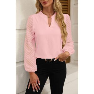Women's Solid Color V - Neck Lace Panel Chiffon Blouse, Elegant Long - Sleeve Top for Casual and Office Wear - 1 of 4
