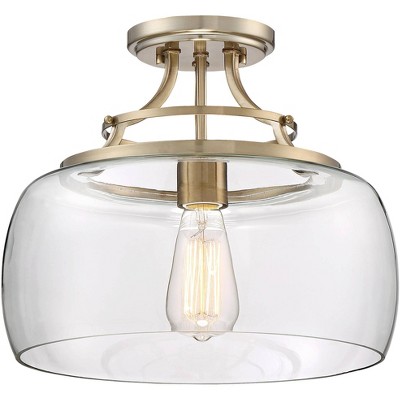 Franklin Iron Works Farmhouse Ceiling Light Semi Flush Mount Fixture LED Warm Brass 13 1/2" Wide Clear Glass for Bedroom Kitchen