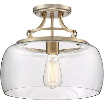Franklin Iron Works Charleston Modern Farmhouse Ceiling Light Semi Flush Mount Fixture 13 1/2" Wide Warm Brass LED Clear Glass for Bedroom Kitchen