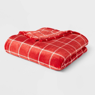 King Microplush Printed Bed Blanket Red Plaid - Threshold™