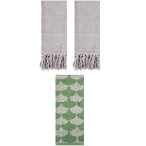REGALWOVEN 3 Packs Geometric and Solid Absorbent Soft Cotton Hand Towel Set - 1 of 4