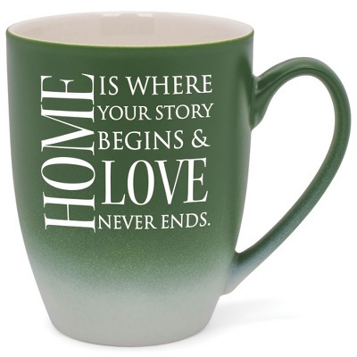Elanze Designs Home Is Where Your Story Begins & Love Never Ends Two Toned Ombre Matte Green and White 12 ounce Ceramic Stoneware Coffee Cup Mug