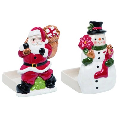 Transpac Ceramic 6 in. Multicolor Christmas 1955 Snowman with Santa Soap Caddy Set of 2