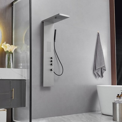 Brushed Nickel Multi-Function Shower Panel with Rainfall and Massage Jets