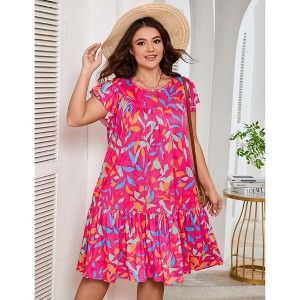 Coolmee Women's Plus Size Casual Dresses Crew Neck Short Sleeve Pleated Hem Dresses Multicolor Printed Summer Flowy A Line Midi Dresses 4XL Pink - 1 of 4