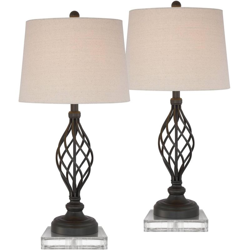 Franklin Iron Works Annie Modern Industrial Table Lamps Set of 2 with Square Riser 29 1/2" Tall Bronze Iron Cream Fabric Drum Shade for Living Room, 1 of 6
