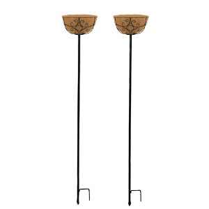 Panacea Outdoor Garden Stakes with Coco-Lined Planter Baskets, Black, 69in (Pack of 2) - 1 of 4