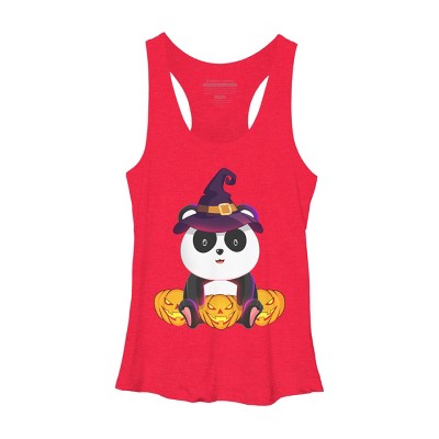 Women's Design By Humans Cute Panda Mock up Witch With Jack O Lantern Halloween T-Shirt By thebeardstudio Racerback Tank Top