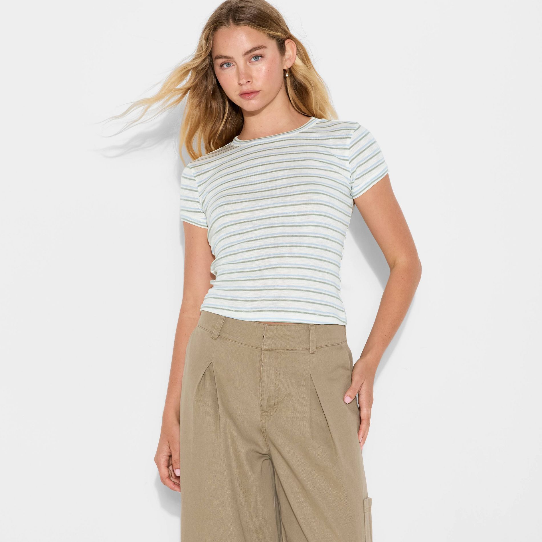 Women's Short Sleeve Roundneck T-Shirt - Wild Fable™ Blue Stripe L